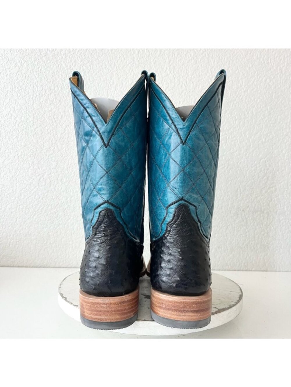 Rod Patrick Mens Black Ostrich Cowboy Boots Size 13 Blue Top Western Square Toe - Picture 3 of 12